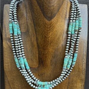 Sterling Silver Multi Strand Turquoise Pearls Bead Necklace 20 Inch